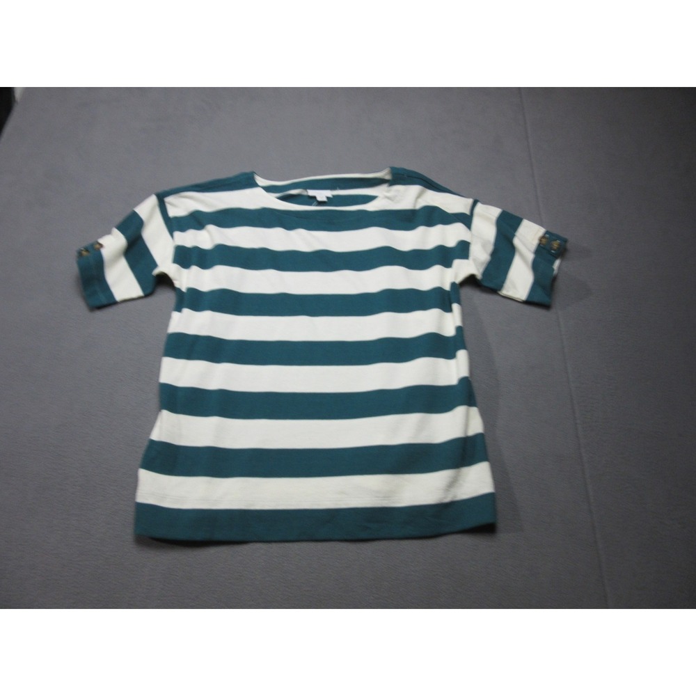J Jill Shirt Womens Medium Green White Striped Knit Boat Neck Short Sleeve
